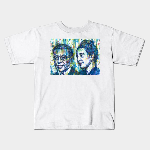 SARTRE and SIMONE DE BEAUVOIR watercolor and ink portrait Kids T-Shirt by lautir